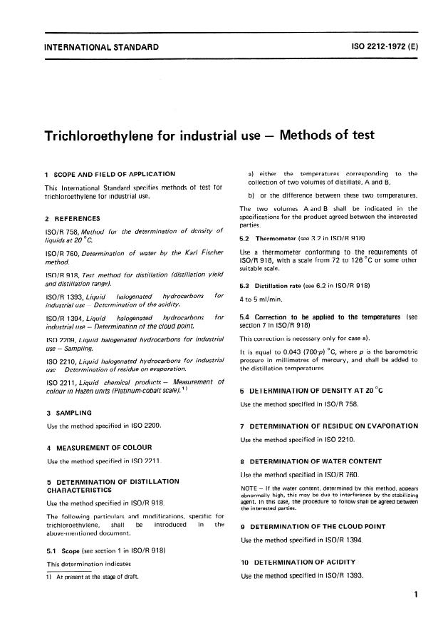 ISO 2212:1972 - Trichloroethylene for industrial use -- Methods of test