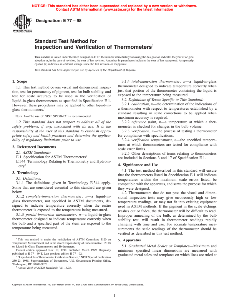 ASTM E77-98 - Standard Test Method for Inspection and Verification of Thermometers