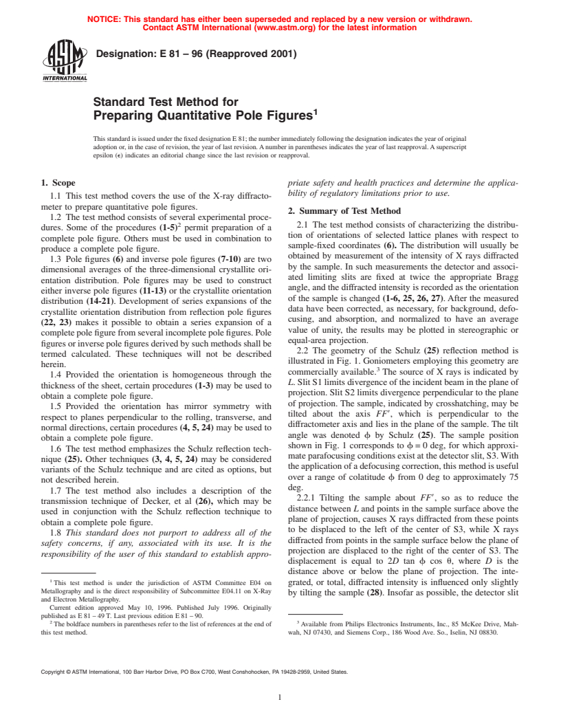 ASTM E81-96(2001) - Standard Test Method for Preparing Quantitative Pole Figures