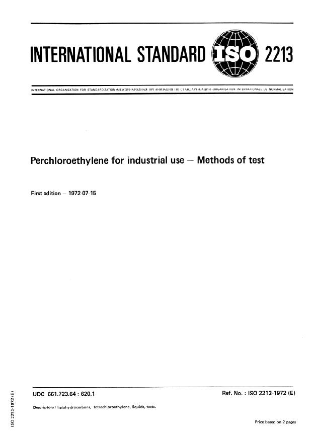 ISO 2213:1972 - Perchloroethylene for industrial use -- Methods of test