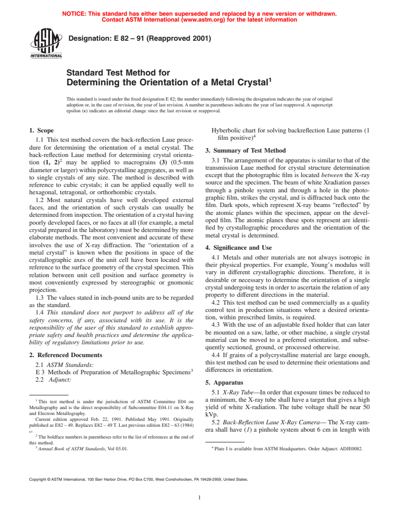 ASTM E82-91(2001) - Standard Test Method for Determining the Orientation of a Metal Crystal