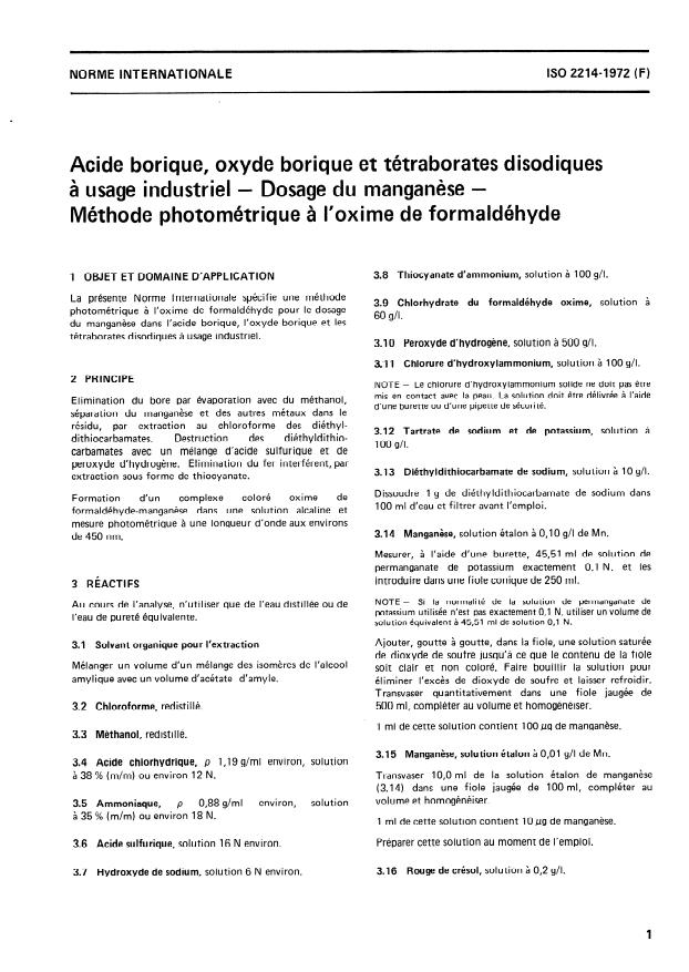 ISO 2214:1972 - Acide borique, oxyde borique et tétraborates disodiques a usage industriel -- Dosage du manganese -- Méthode photométrique a l'oxime de formaldéhyde