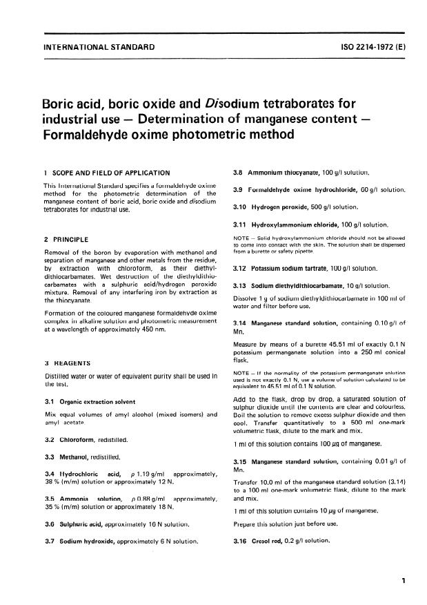 ISO 2214:1972 - Boric acid, boric oxide and Disodium tetraborates for industrial use -- Determination of manganese content -- Formaldehyde oxime photometric method