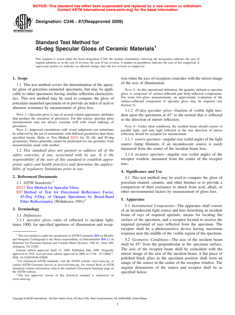 ASTM C346-87(2009) - Standard Test Method for 45-deg Specular Gloss of Ceramic Materials