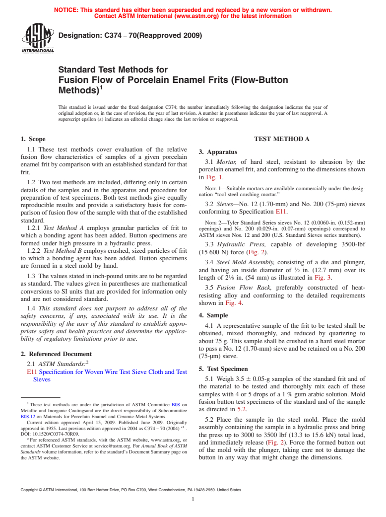 ASTM C374-70(2009) - Standard Test Methods for Fusion Flow of Porcelain Enamel Frits (Flow-Button Methods)