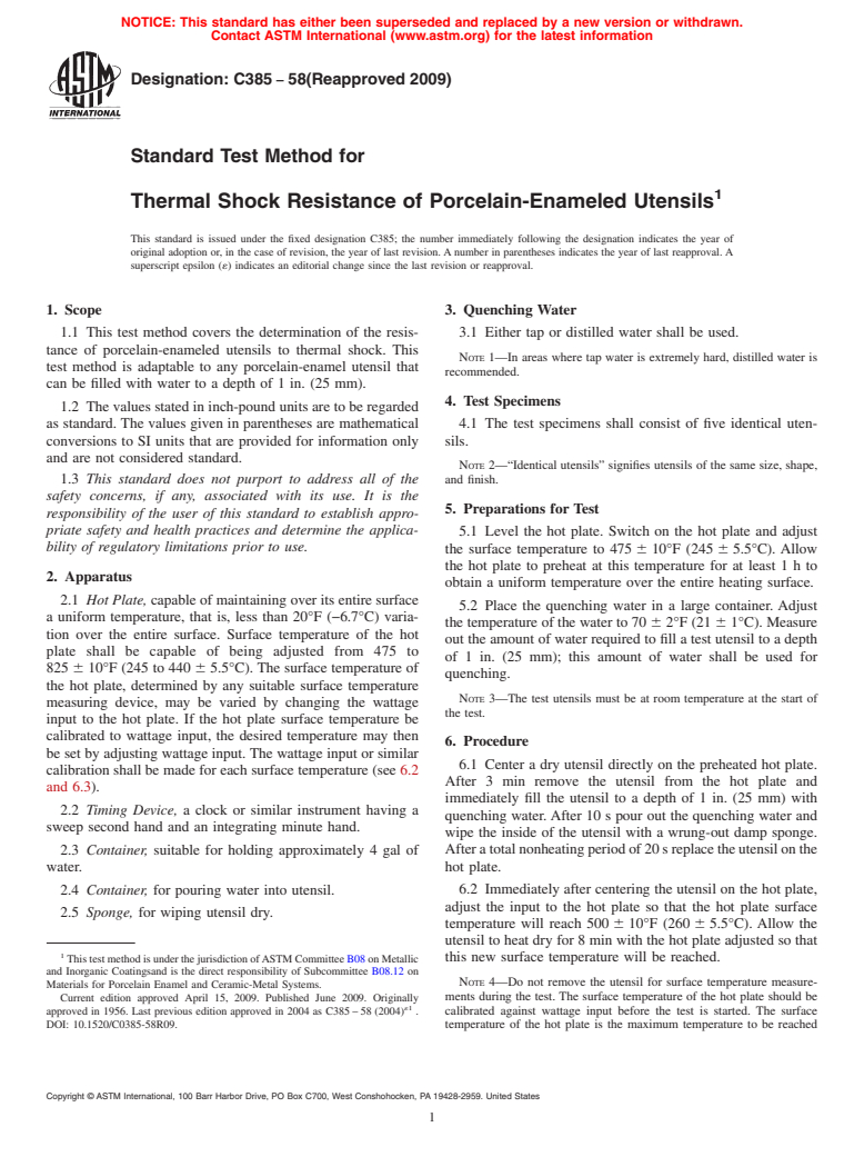 ASTM C385-58(2009) - Standard Test Method for Thermal Shock Resistance of Porcelain-Enameled Utensils