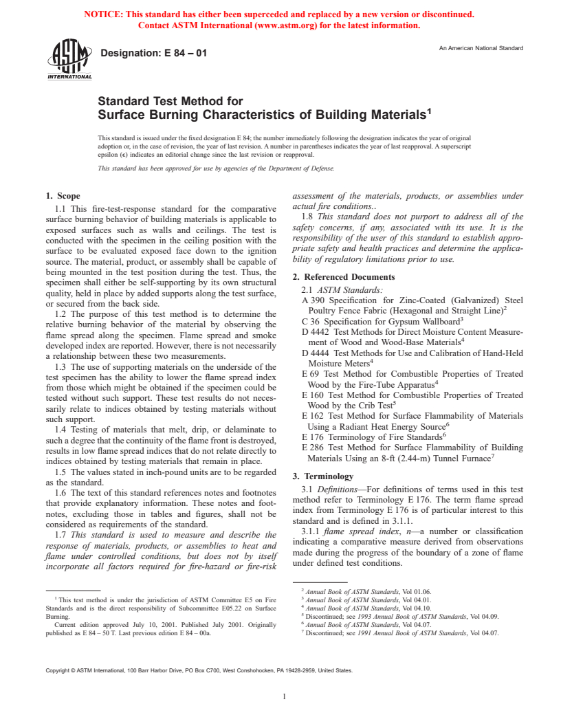 ASTM E84-01 - Standard Test Method for Surface Burning Characteristics of Building Materials