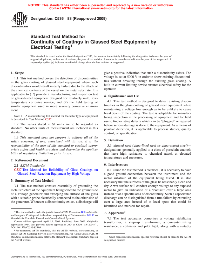 ASTM C536-83(2009) - Standard Test Method for Continuity of Coatings in Glassed Steel Equipment by Electrical Testing