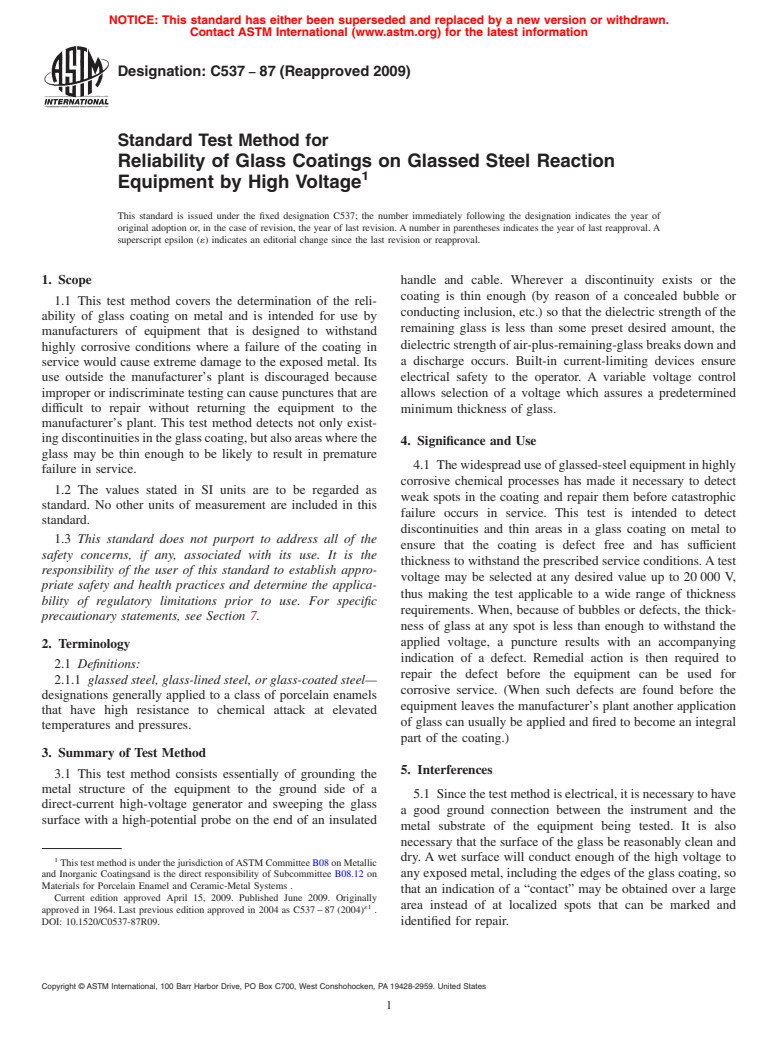 ASTM C537-87(2009) - Standard Test Method for Reliability of Glass Coatings on Glassed Steel Reaction Equipment by High Voltage