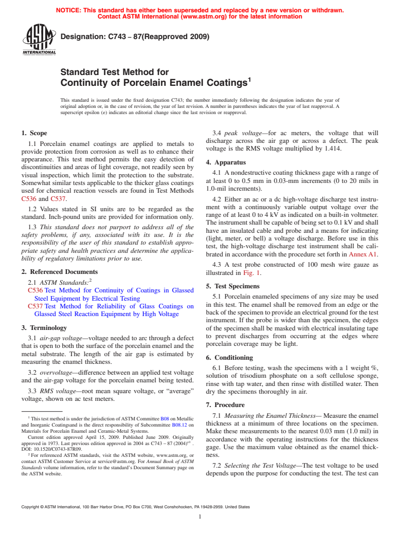 ASTM C743-87(2009) - Standard Test Method for Continuity of Porcelain Enamel Coatings