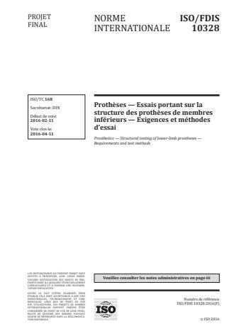 ISO 10328:2016 - Protheses -- Essais portant sur la structure des protheses de membres inférieurs -- Exigences et méthodes d'essai