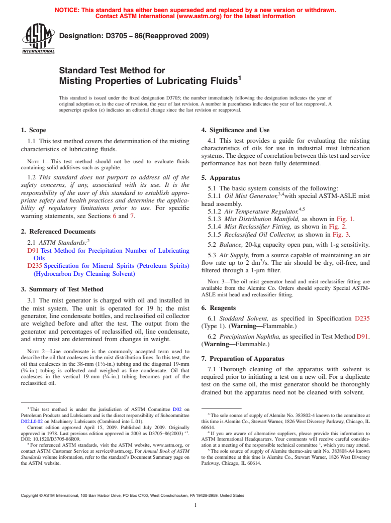 ASTM D3705-86(2009) - Standard Test Method for Misting Properties of Lubricating Fluids