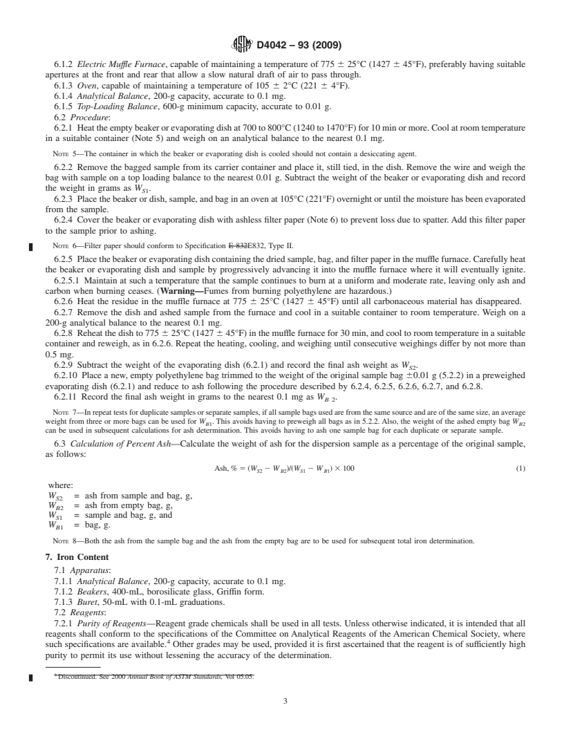 REDLINE ASTM D4042-93(2009) - Test Method for Sampling and Testing for Ash and Total Iron in Steel Mill Dispersions of Rolling Oils