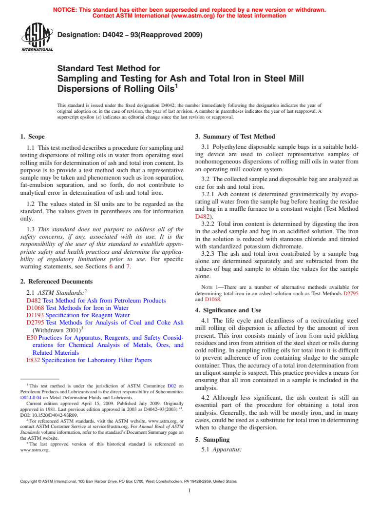 ASTM D4042-93(2009) - Test Method for Sampling and Testing for Ash and Total Iron in Steel Mill Dispersions of Rolling Oils