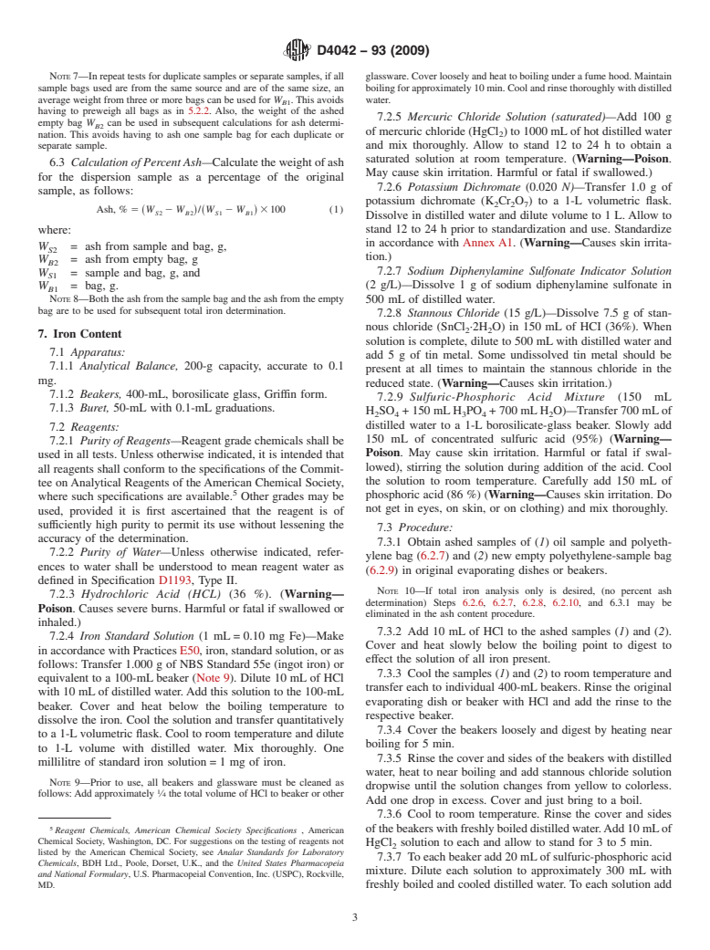 ASTM D4042-93(2009) - Test Method for Sampling and Testing for Ash and Total Iron in Steel Mill Dispersions of Rolling Oils