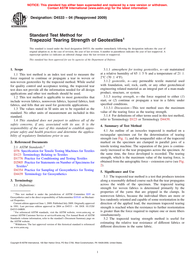 ASTM D4533-04(2009) - Standard Test Method for Trapezoid Tearing Strength of Geotextiles