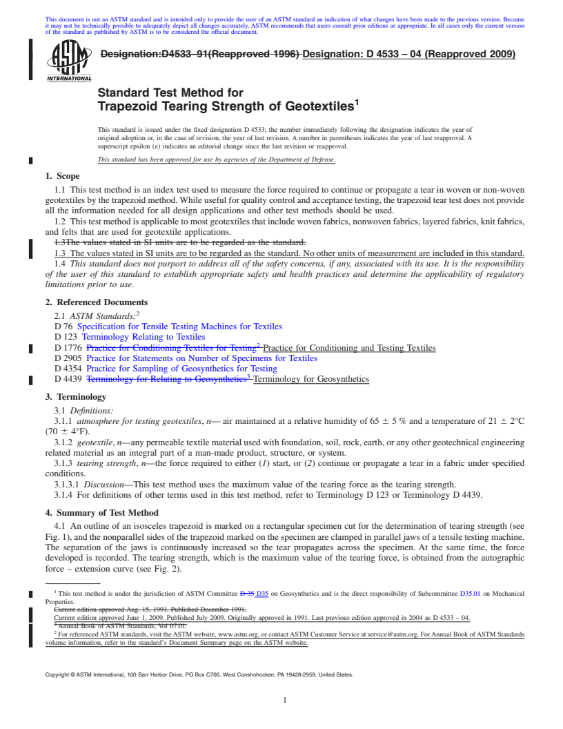 REDLINE ASTM D4533-04(2009) - Standard Test Method for Trapezoid Tearing Strength of Geotextiles