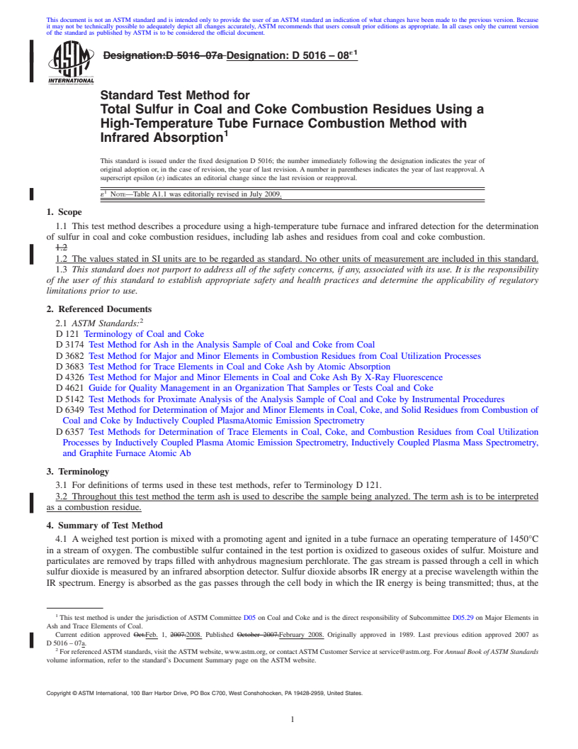 REDLINE ASTM D5016-08e1 - Standard Test Method for  Total Sulfur in Coal and Coke Combustion Residues Using a High-Temperature Tube Furnace Combustion Method with Infrared Absorption