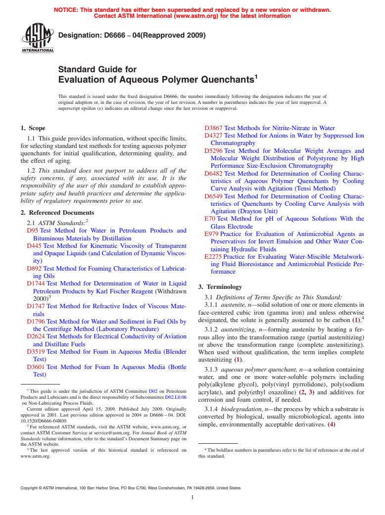 ASTM D6666-04(2009) - Standard Guide for Evaluation of Aqueous Polymer Quenchants