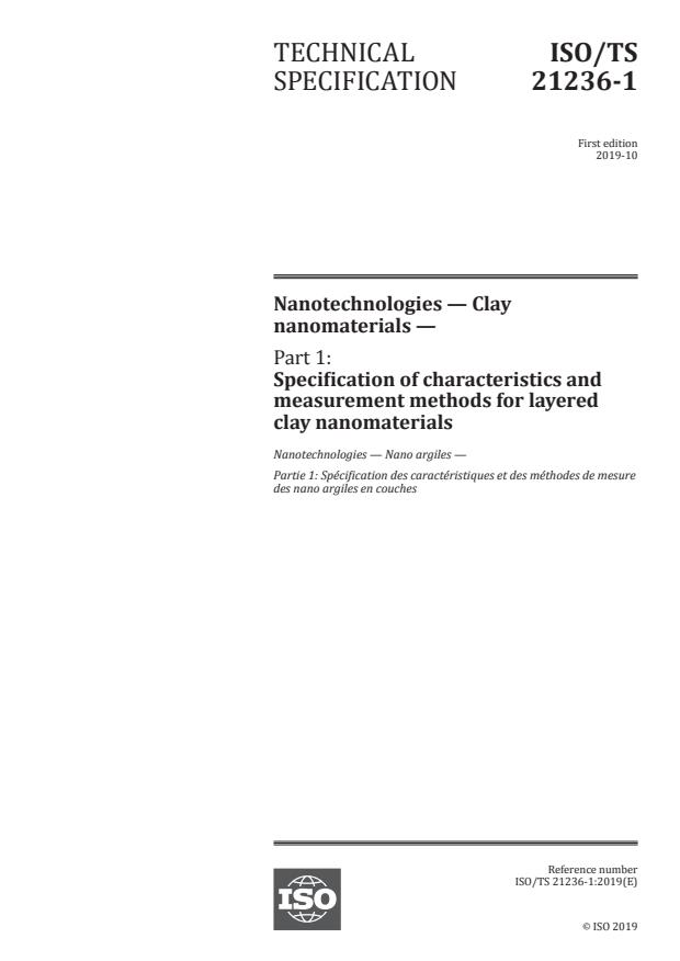 ISO/TS 21236-1:2019 - Nanotechnologies -- Clay nanomaterials