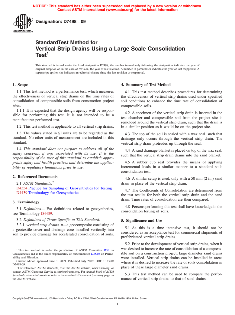 ASTM D7498-09 - Standard Test Method for Vertical Strip Drains Using a Large Scale Consolidation Test