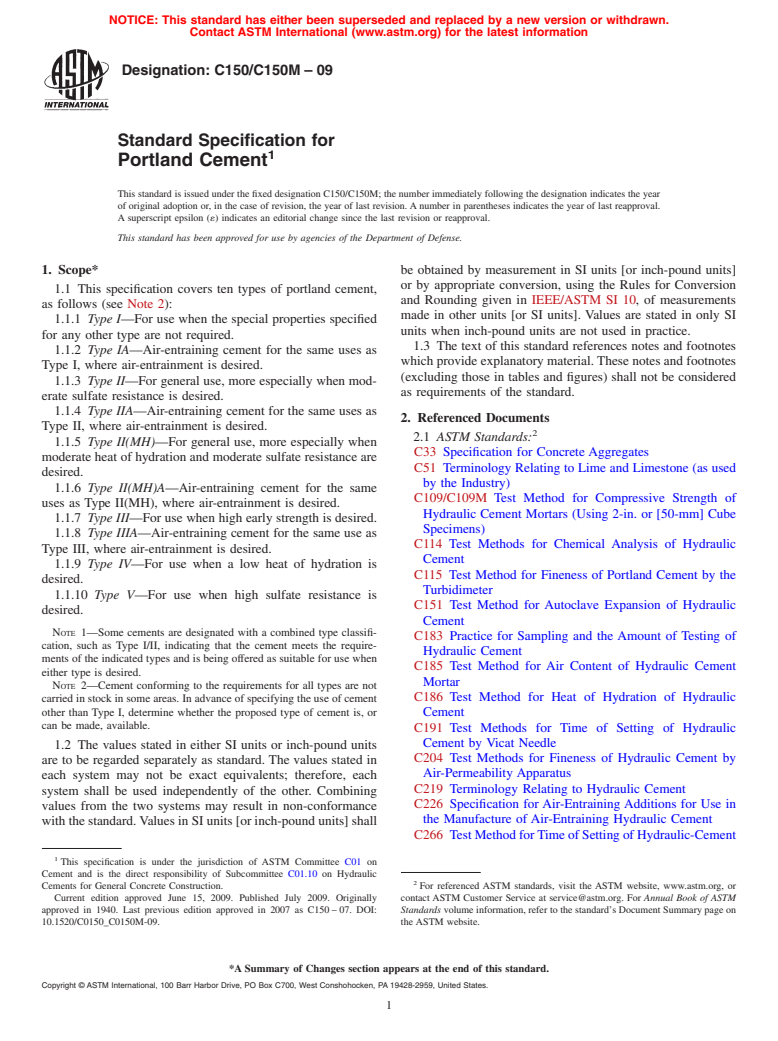 ASTM C150/C150M-09 - Standard Specification for Portland Cement