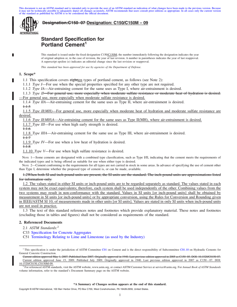 REDLINE ASTM C150/C150M-09 - Standard Specification for Portland Cement