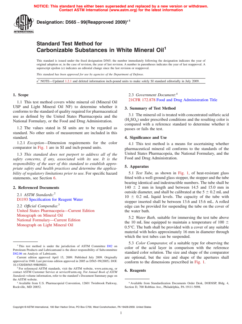 ASTM D565-99(2009)e1 - Standard Test Method for Carbonizable Substances in White Mineral Oil