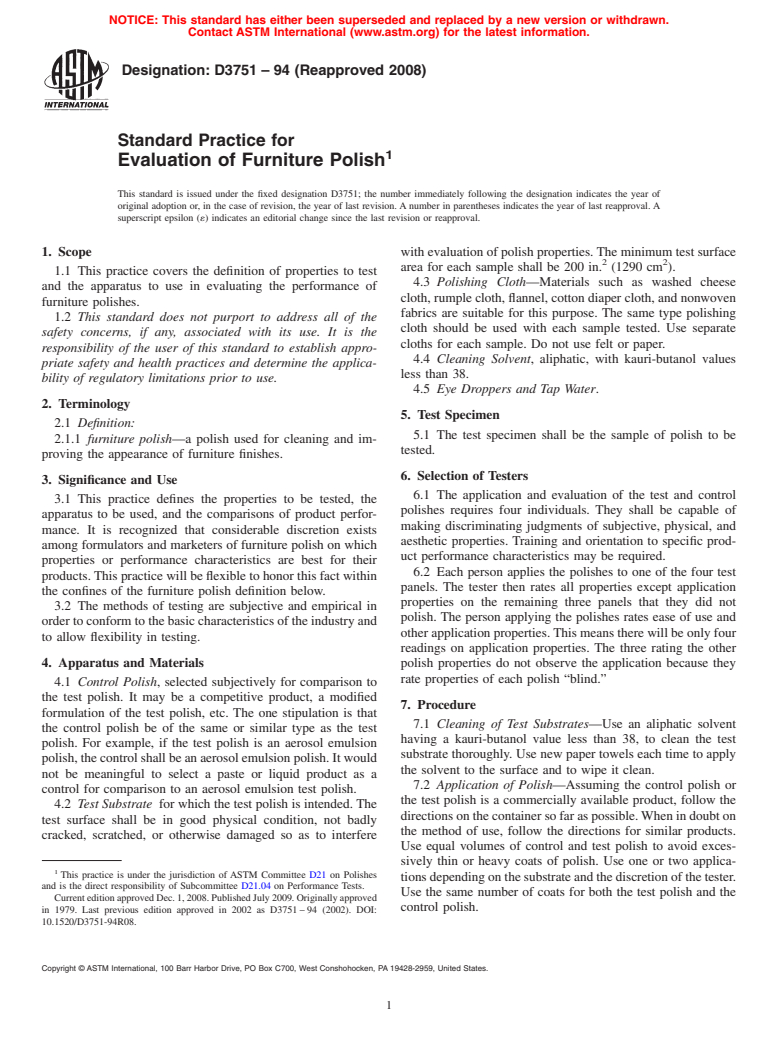 ASTM D3751-94(2008) - Standard Practice for Evaluation of Furniture Polish