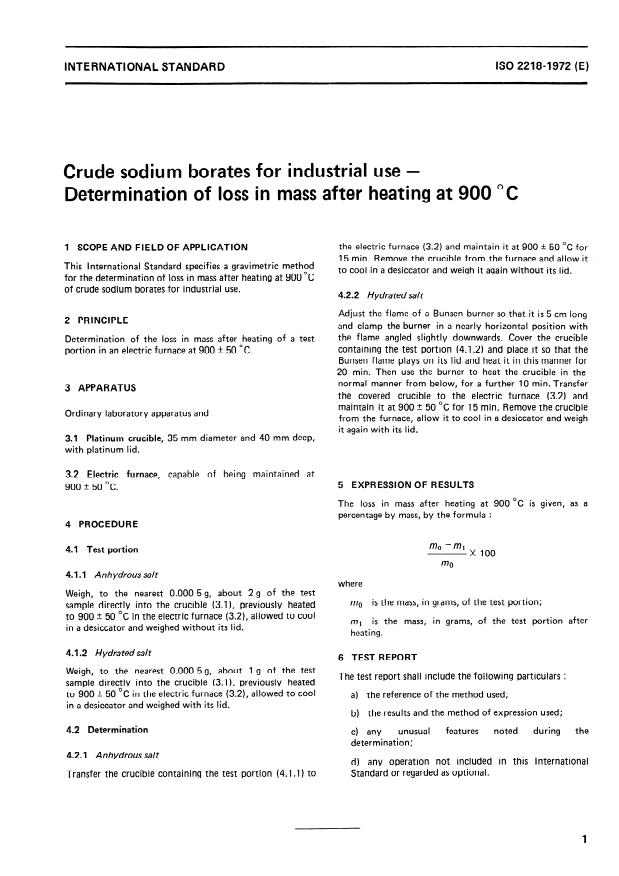 Iso 2218 1972 Crude Sodium Borates For Industrial Use Determination Of Loss In Mass After
