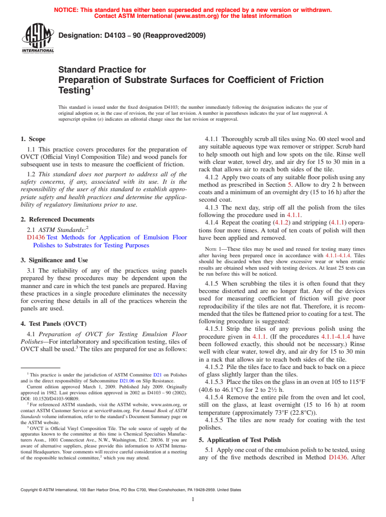 ASTM D4103-90(2009) - Standard Practice for Preparation of Substrate Surfaces for Coefficient of Friction Testing