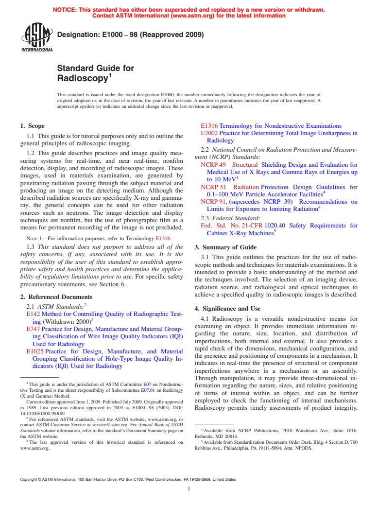 ASTM E1000-98(2009) - Standard Guide for Radioscopy