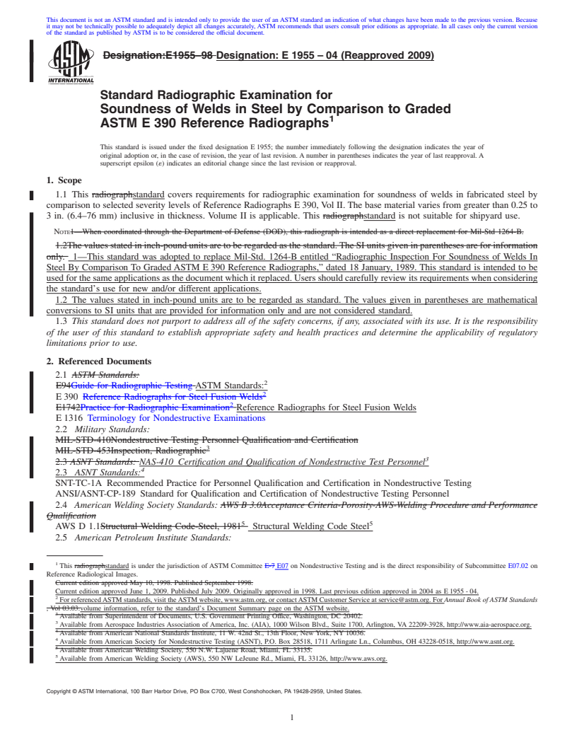 REDLINE ASTM E1955-04(2009) - Standard Radiographic Examination for Soundness of Welds in Steel by Comparison to Graded ASTM E 390 Reference Radiographs