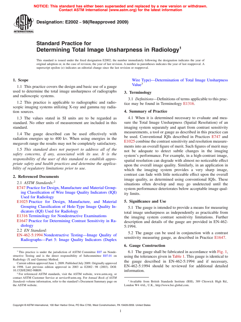 ASTM E2002-98(2009) - Standard Practice for Determining Total Image Unsharpness in Radiology