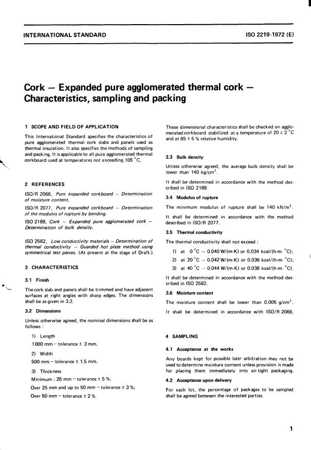 ISO 2219:1972 - Cork -- Expanded pure agglomerated thermal cork -- Characteristics, sampling and packing