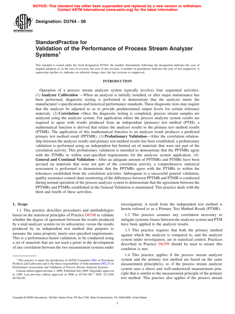 ASTM D3764-09 - Standard Practice for Validation of the Performance of Process Stream Analyzer Systems