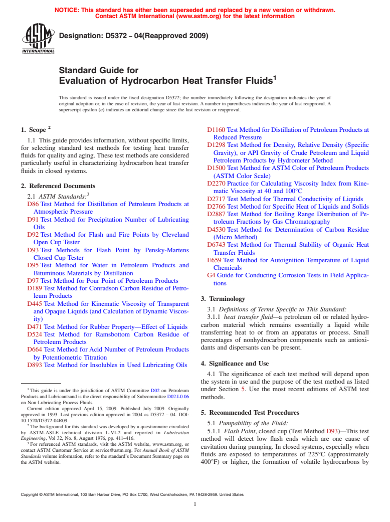 ASTM D5372-04(2009) - Standard Guide for Evaluation of Hydrocarbon Heat Transfer Fluids