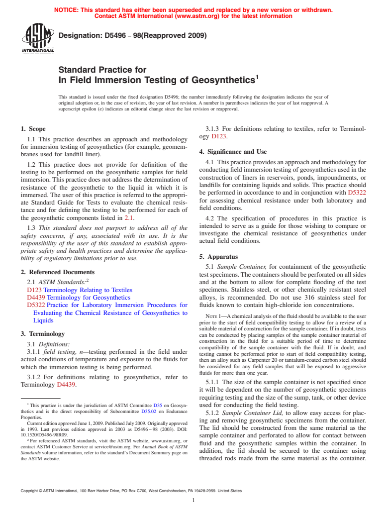 ASTM D5496-98(2009) - Standard Practice for In Field Immersion Testing of Geosynthetics