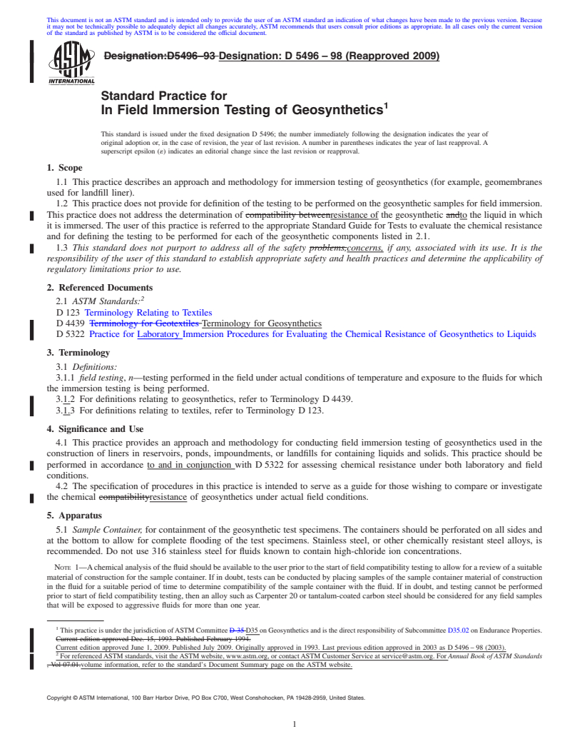 REDLINE ASTM D5496-98(2009) - Standard Practice for In Field Immersion Testing of Geosynthetics