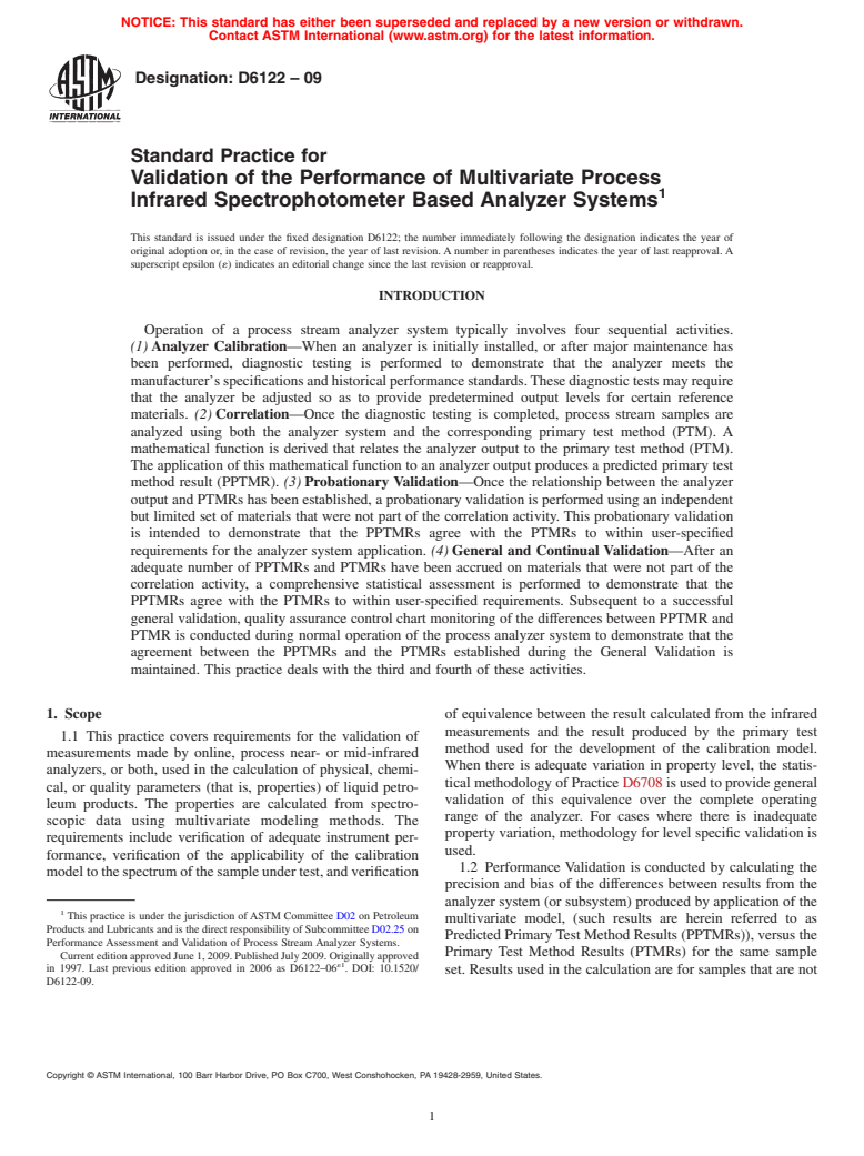 ASTM D6122-09 - Standard Practice for Validation of the Performance of Multivariate Process Infrared Spectrophotometers