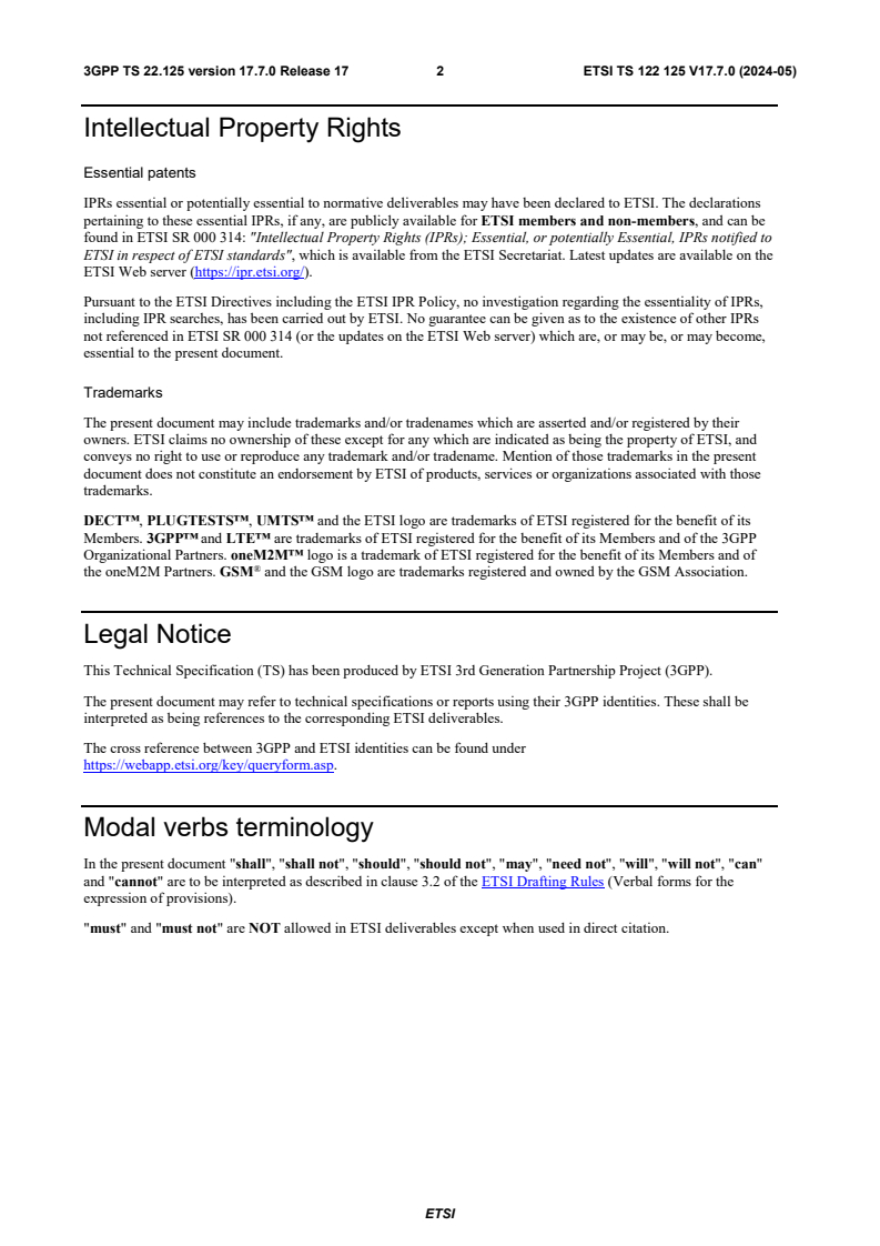 ETSI TS 122 125 V17.7.0 (2024-05) ETSI TS 122 125 V17.7.0 (2024-05) - 5G; Unmanned Aerial System (UAS) support in 3GPP (3GPP TS 22.125 version 17.7.0 Release 17)