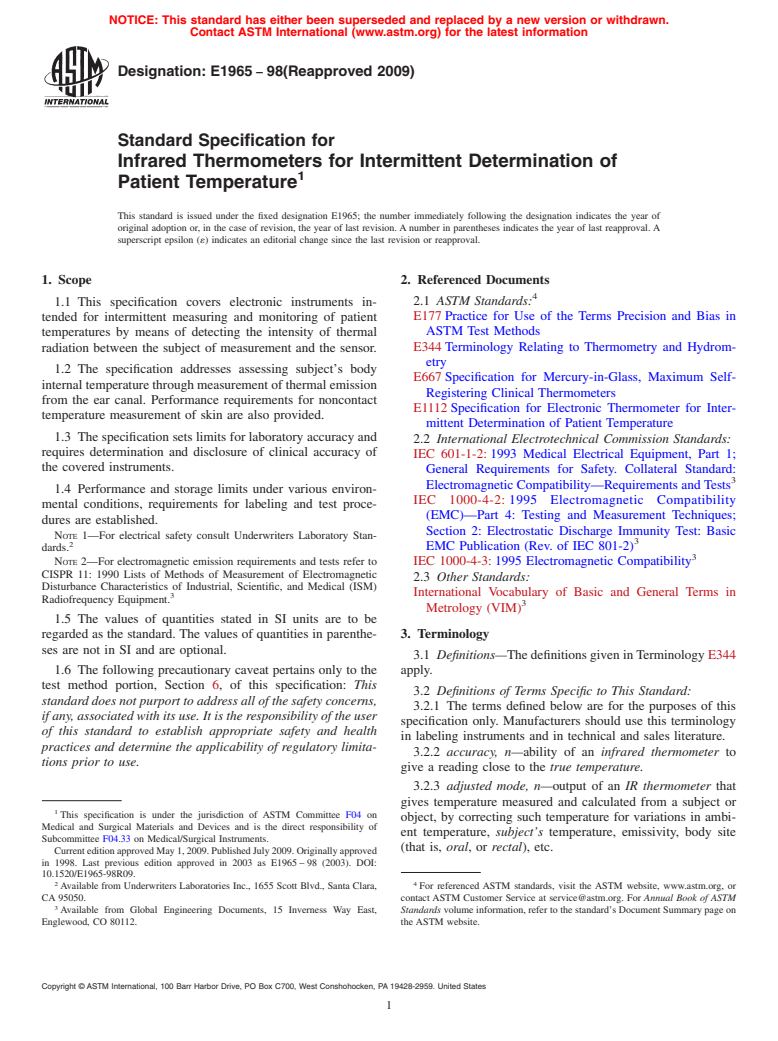 ASTM E1965-98(2009) - Standard Specification for Infrared Thermometers for Intermittent Determination of Patient Temperature