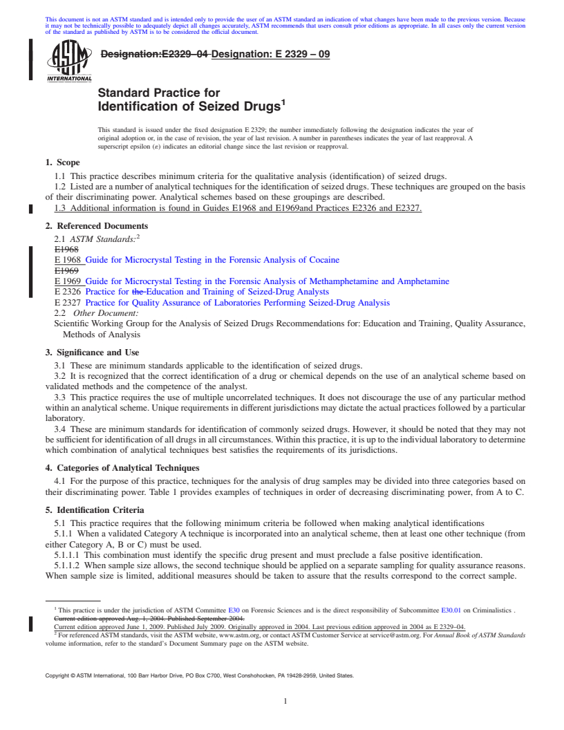 REDLINE ASTM E2329-09 - Standard Practice for Identification of Seized Drugs