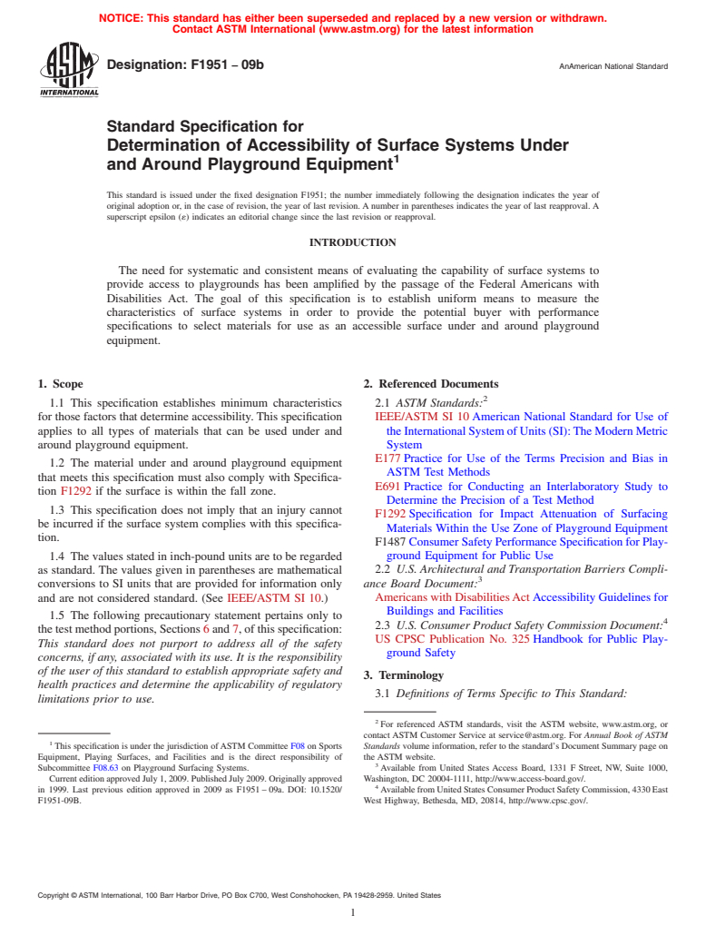 ASTM F1951-09b - Standard Specification for Determination of Accessibility of Surface Systems Under and Around Playground Equipment