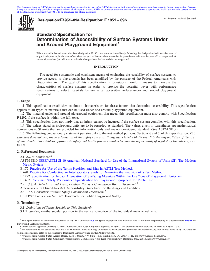 REDLINE ASTM F1951-09b - Standard Specification for Determination of Accessibility of Surface Systems Under and Around Playground Equipment
