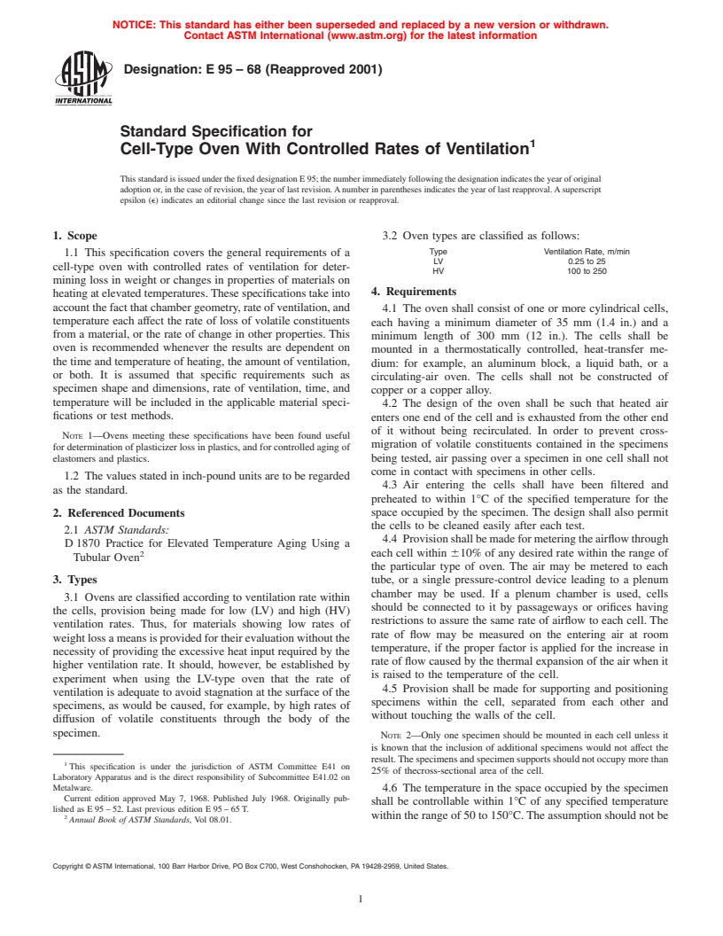 ASTM E95-68(2001) - Standard Specification for Cell-Type Oven With Controlled Rates of Ventilation