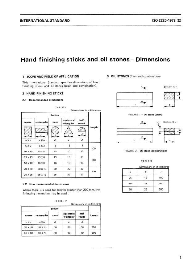 ISO 2220:1972 - Hand finishing sticks and oil stones -- Dimensions