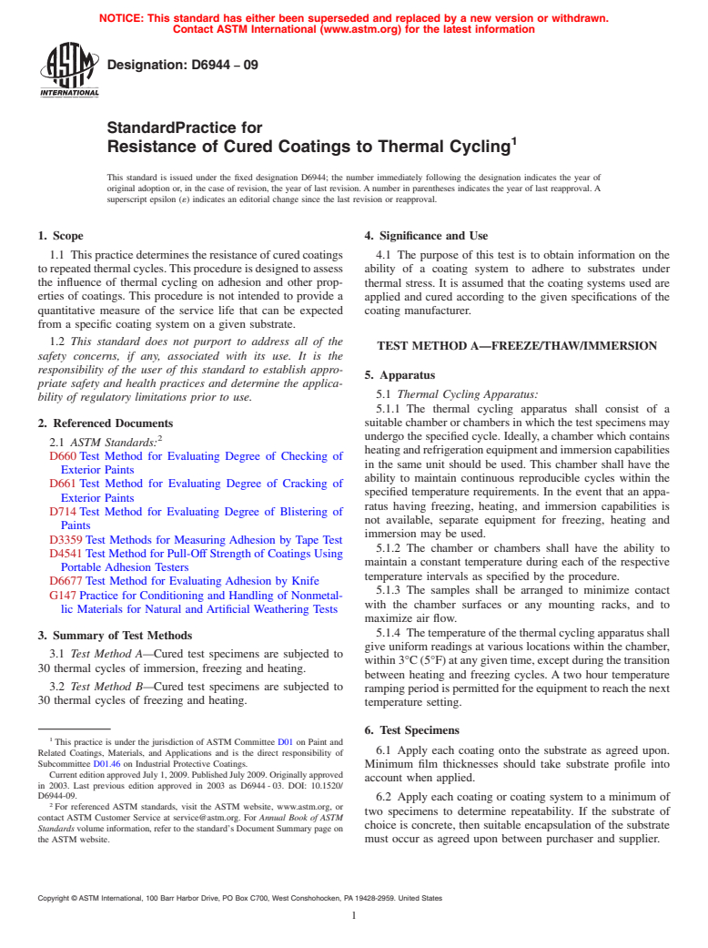 ASTM D6944-09 - Standard Practice for Resistance of Cured Coatings to Thermal Cycling