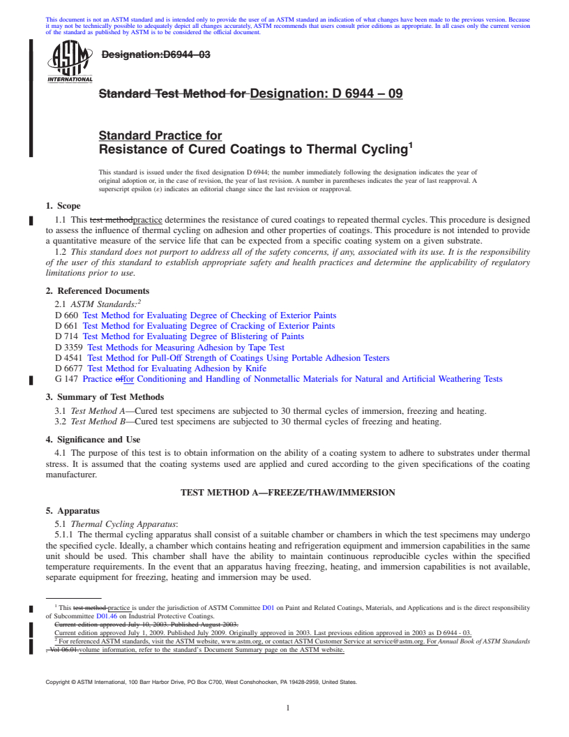 REDLINE ASTM D6944-09 - Standard Practice for Resistance of Cured Coatings to Thermal Cycling