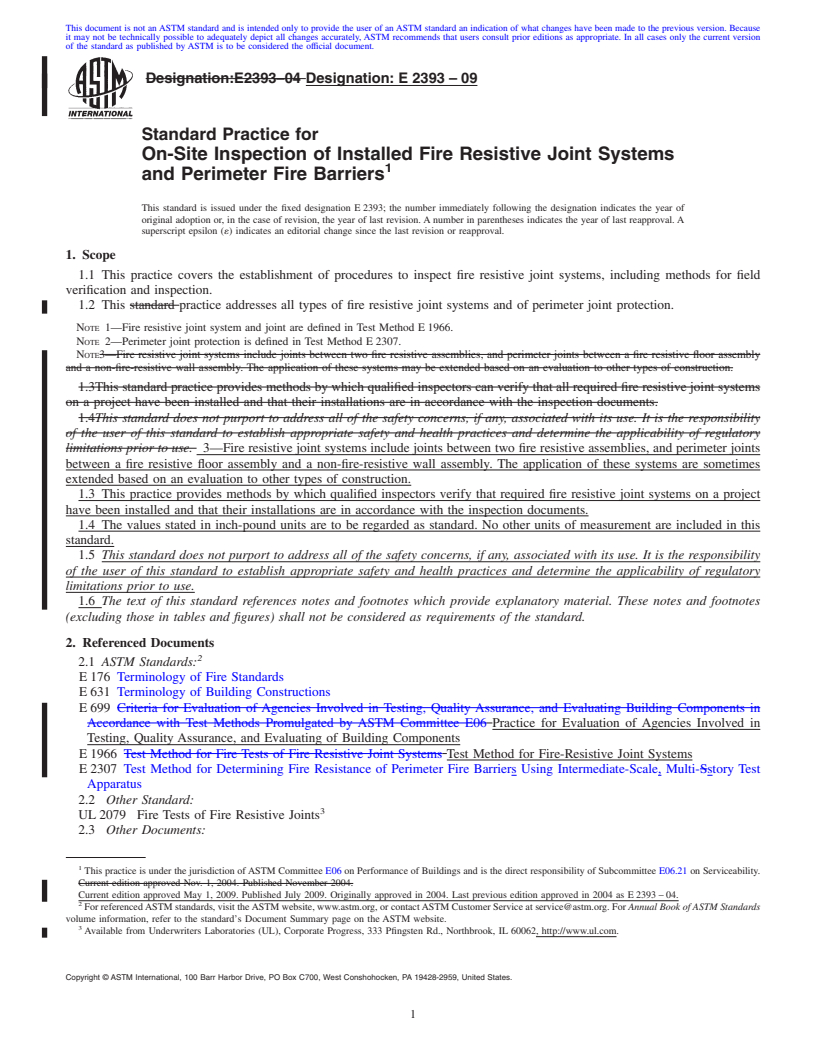 REDLINE ASTM E2393-09 - Standard Practice for On-Site Inspection of Installed Fire Resistive Joint Systems and Perimeter Fire Barriers